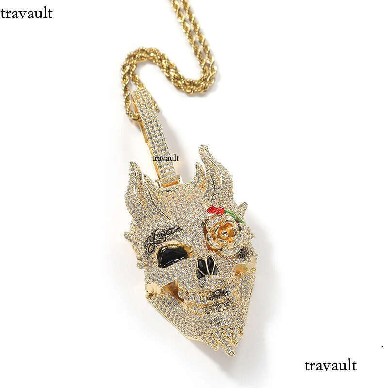 Iced Out Rose Skull Pendant Necklaces Mens Gold Necklace Fashion Punk Hip Hop Jewelry