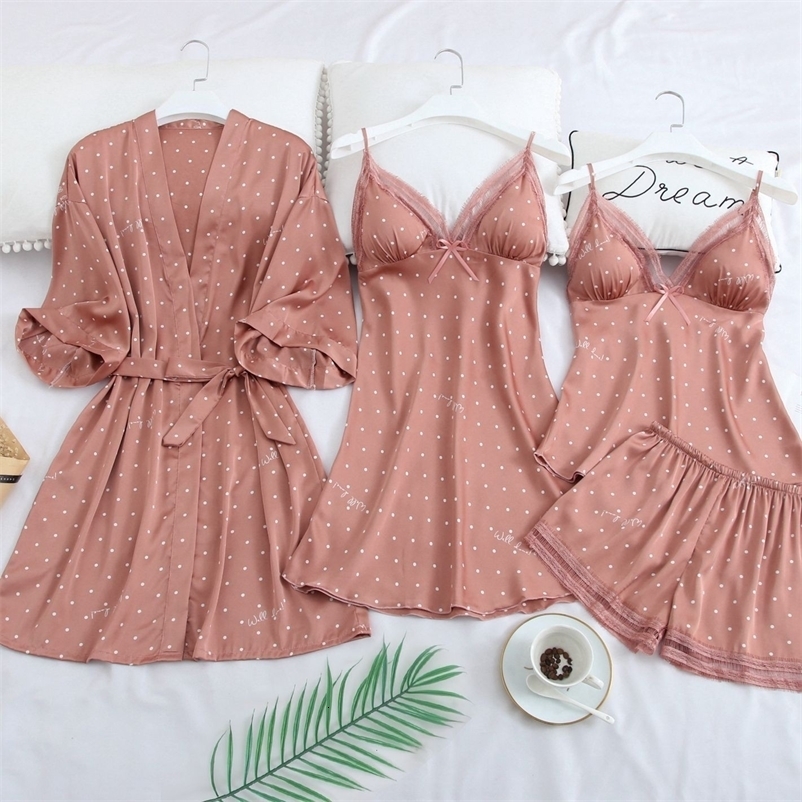 Women's Sleepwear Pink Print Dot Wedding Robe Set Sleepwear Casual Intimate Lingerie Nightgown Nightdress Soft Homewear Home Clothing Kimono Gown