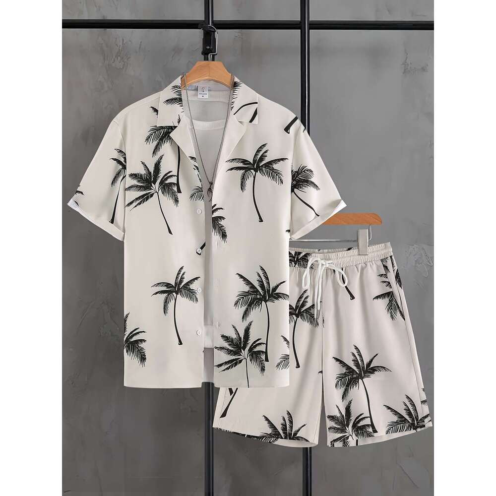 Lanjia- 2025 Casual Trendy Fashion Travel Summer Men's Cuban Collar Shirt Short Sleeve Shorts Set 0Da8f