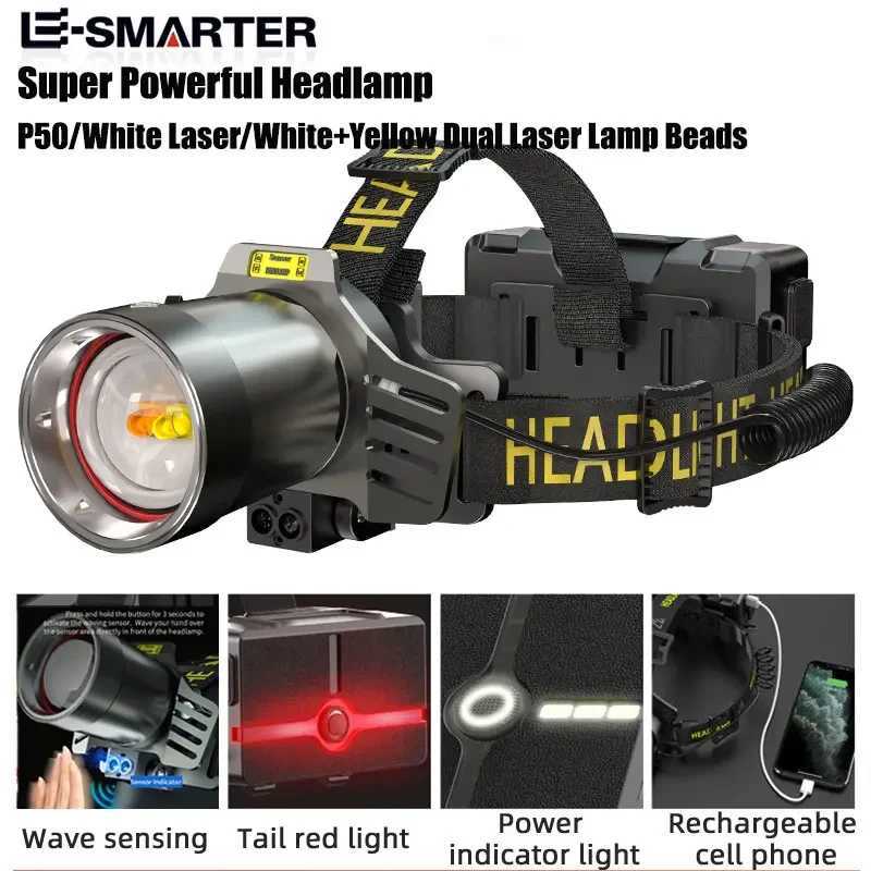 Dual Laser Rechargeable Head Flashlight Led Headlamp High Power Headlight Waterproof Super Bright Head Torch J250925