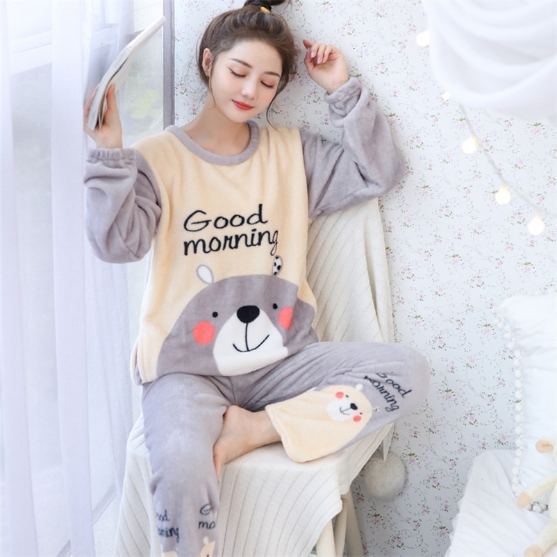 Women's Sleepwear Autumn Winter Warm Flannel Women Pyjamas Sets Thick Coral Velvet Long Sleeve Cartoon Sleepwear Flannel Pajamas Set Girl 230321