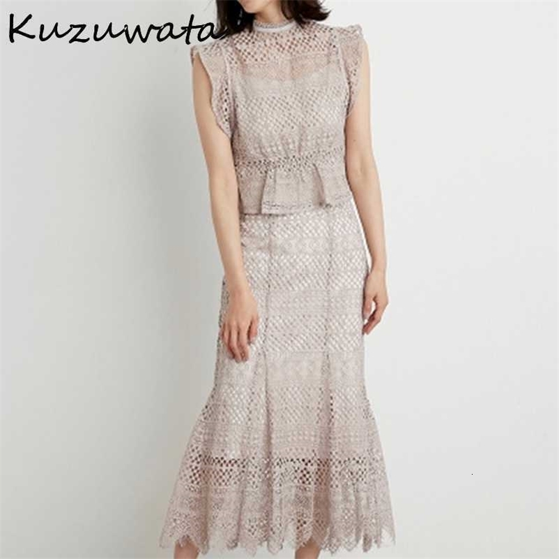 Kuzuwata Elegant Lace Hook Flower 2 Pcs Women Set O Neck Sleeveless Ruffles Shirt + High Waist Hip Slim Skirt Summer Suit 210708