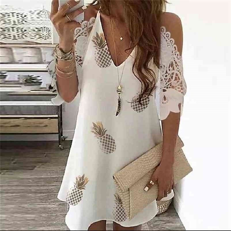 Elegant Off Shoulder Lace Beach Dress 5XL Women Sexy V Neck Floral Print Dress Casual Short Sleeve A-Line Dress Vestidos KZ001 210630
