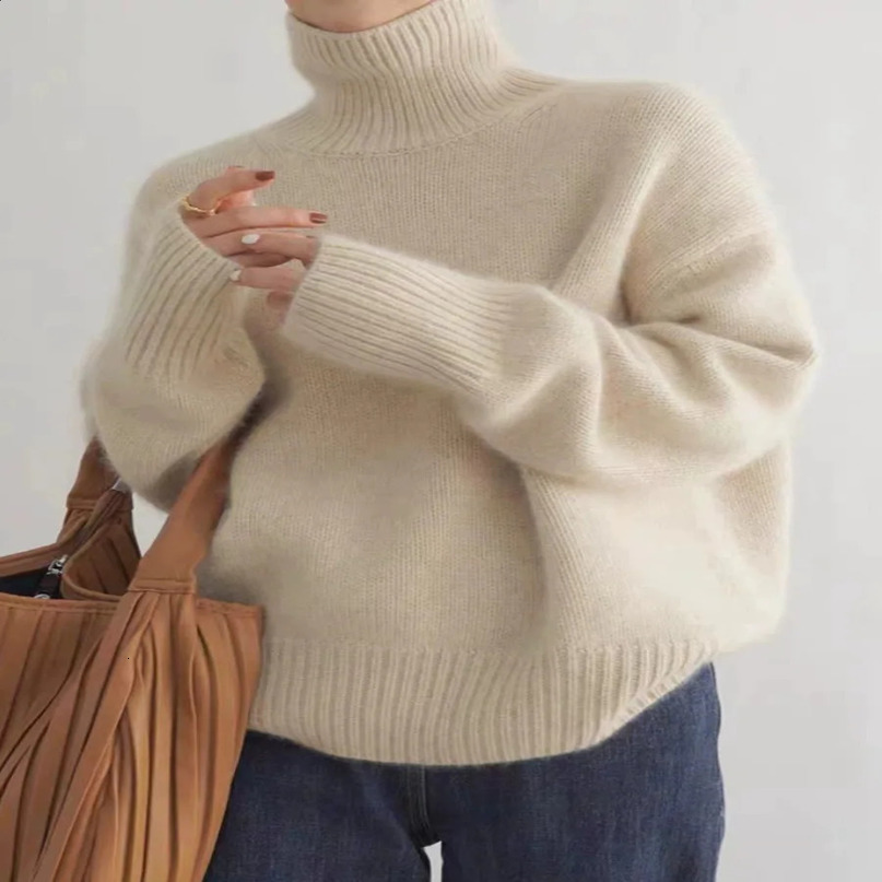 Turtleneck 100% pure cashmere womens loose sweater thickened autumn and winter wool jumper lazy base 241216