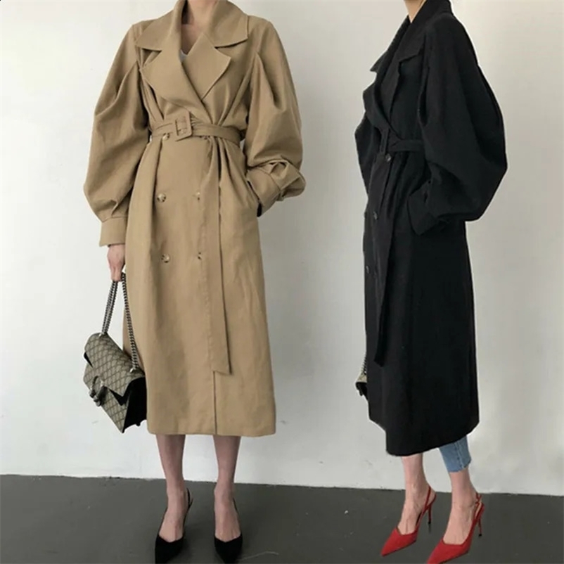 Elegant Women Trench Coat Autumn Double Breated Oversize Long Coat Lady Streetwear Korean Outwear Runway Windbreaker 250118