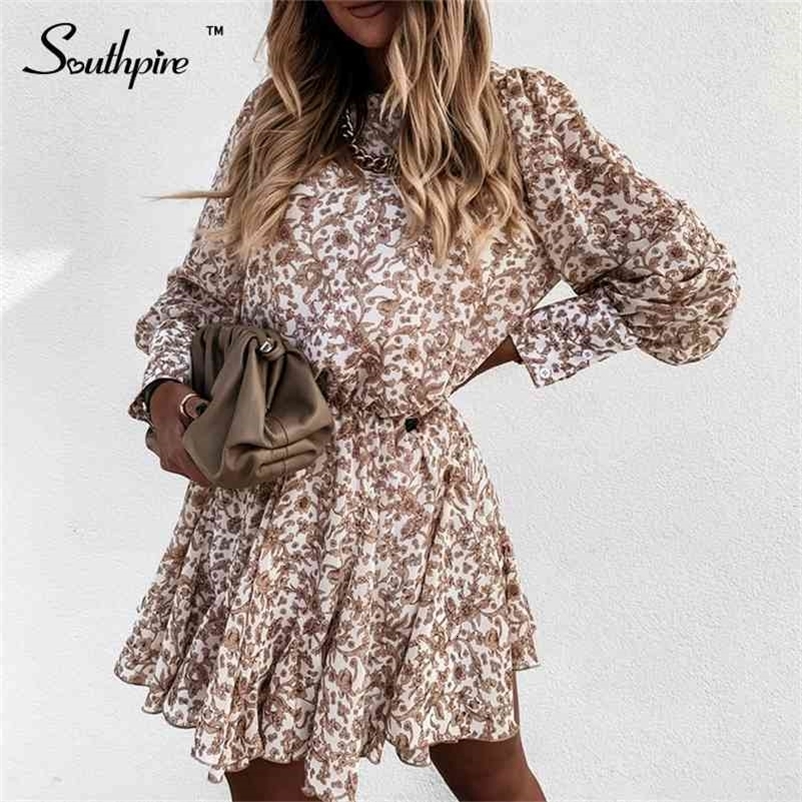 Southpire Simple Brown Flower Print Summer Dress Womens Long Sleeve Button Street Wear Casual Dress Office Lady Party Clothes 210630