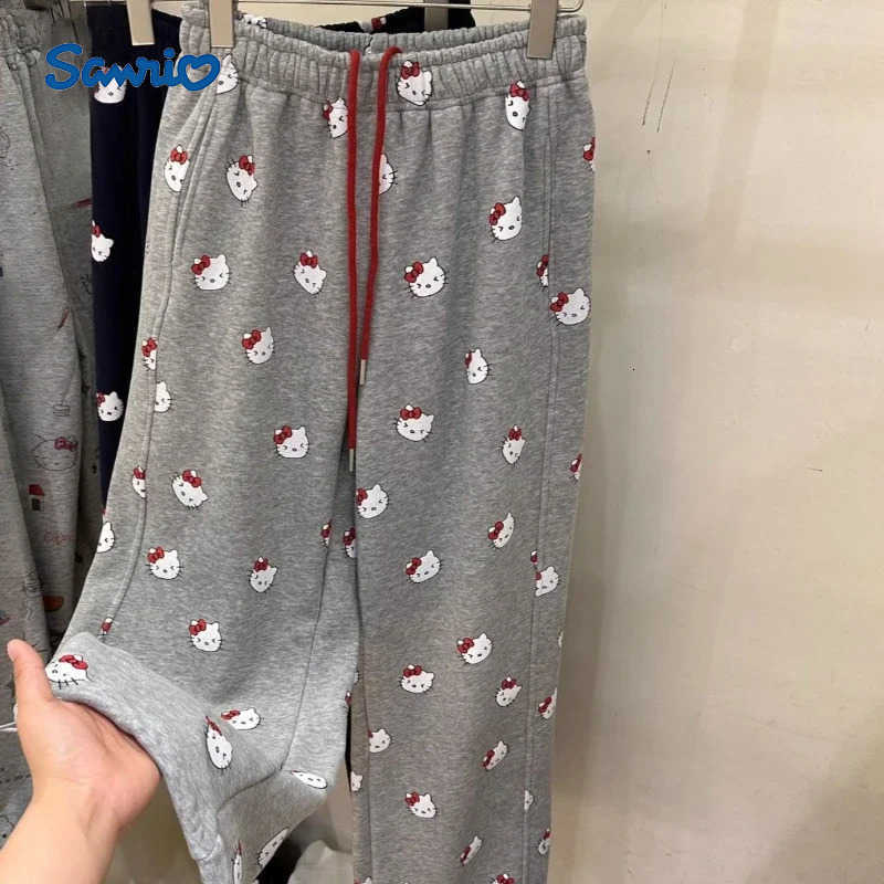 Sanrio cartoon Hello kitty winter cute and sweet girls fashionable and versatile new plus velvet casual straight wideleg pants L250925
