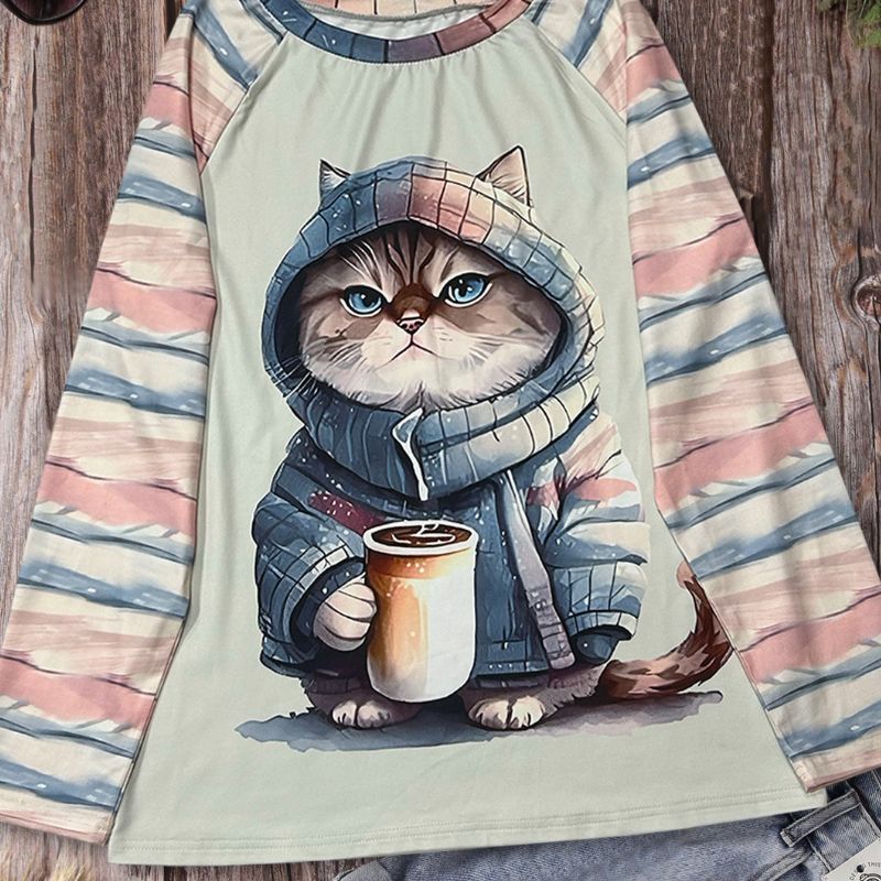Women's Autumn Winter Cute Cat Printed Long - Sleeve T - Shirt, Fashion Casual Milk Silk Top-CF23792