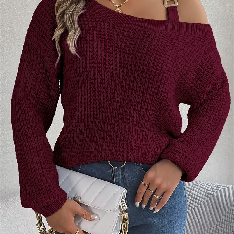 Autumn Winter Sexy Metal Buckle Off Shoulder Sweater Solid Color Slash Neck Lantern Long Sleeves Knitted Pullovers Women Clothes 240911