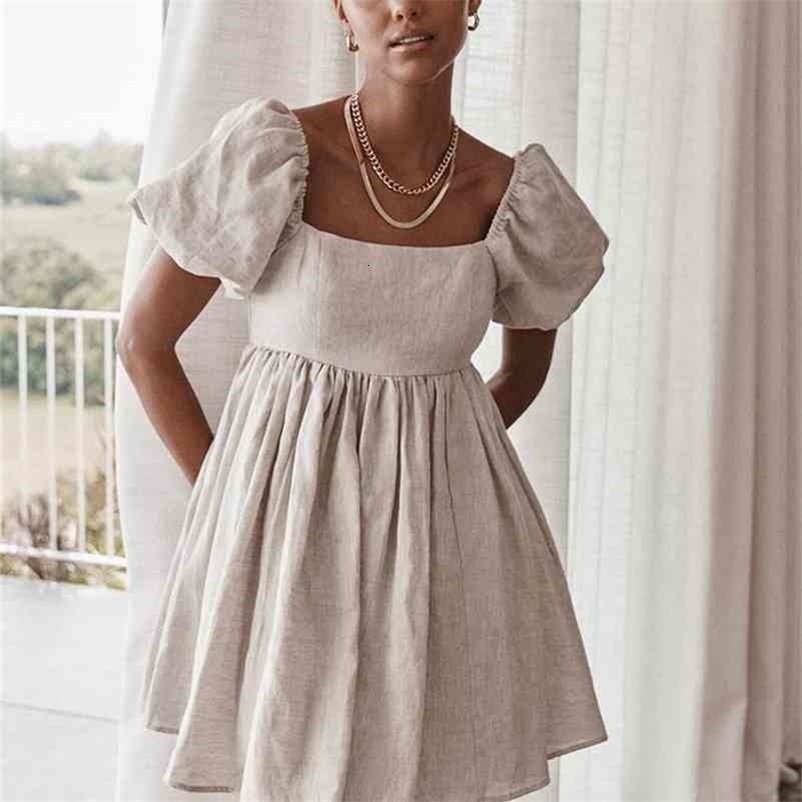Bclout Vintage Sexy Square Collar Short Dress Woman Elegant High Waist A-Line Dresses Spring Puff Sleeve Casual Vestido 210630