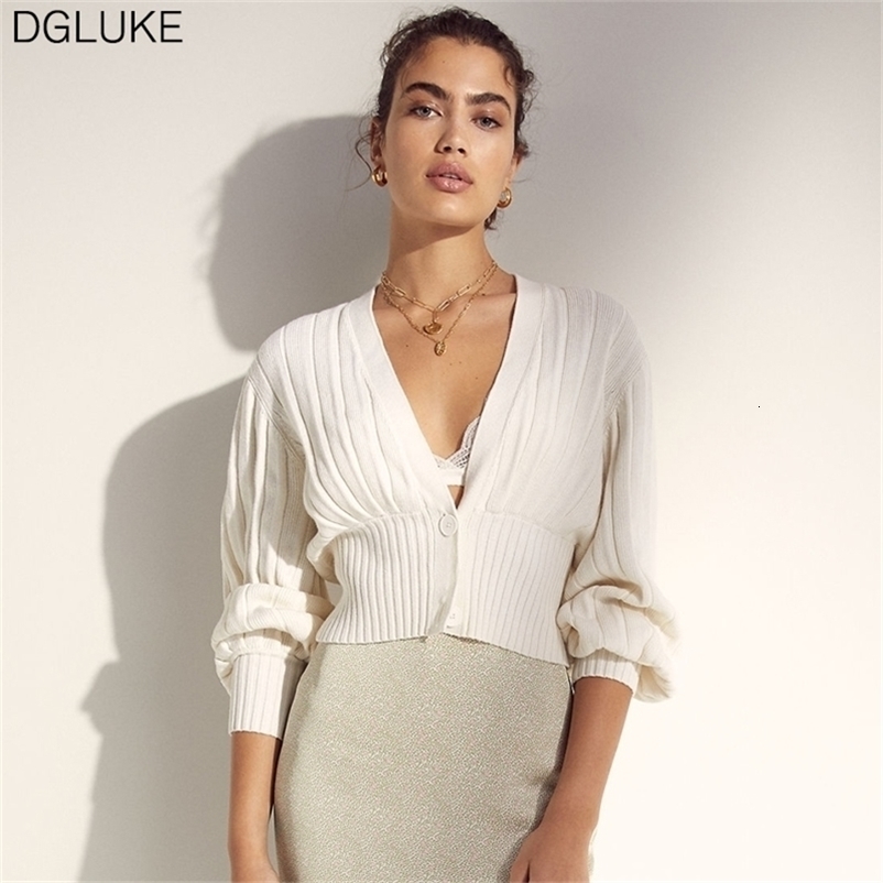 DGLUKE Fashion Knitted Cropped Cardigan Sweater V-Neck Long Sleeve Buttons Jumper Knitwear Spring Autumn Short Jacket Green 210812