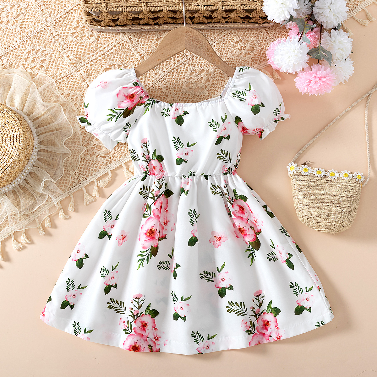 Toddler Girl Floral Print Dress, Puff Sleeve Sweetheart Neckline Dress for 4 - 7Y, Cute Summer Outfit-3000