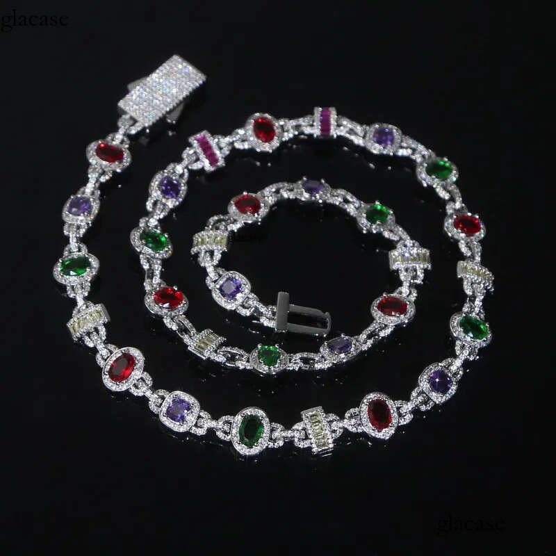 10mm Hip Hop Colorful Gemstone Tennis Necklaces Jewelry Men Women Choker Clavicle Chain 2c