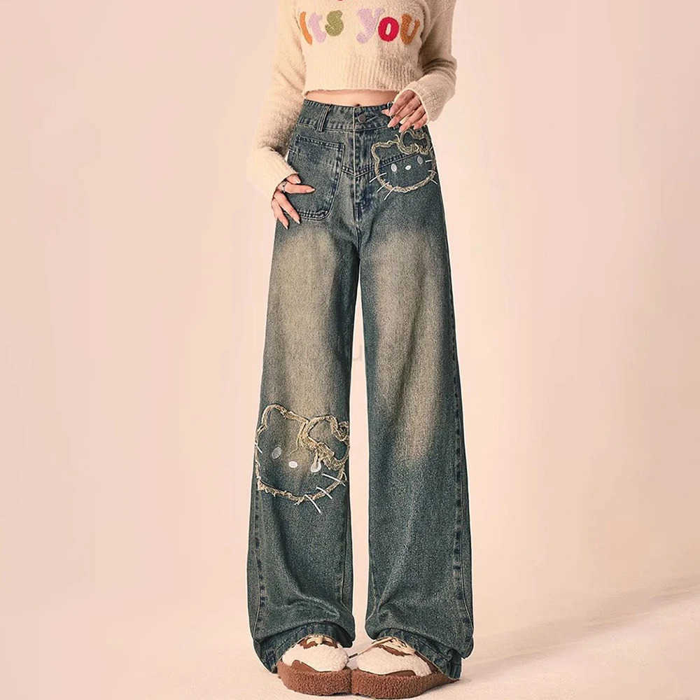 Sanrio Anime women Jeans Y2K Hello Kitty Kawaii American Style Vintage Pants Spring Autumn High Waist Trend Loose Mopping Pants L250925