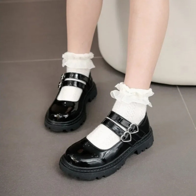 Girls Leather Shoes for Party Wedding Glossy Matte Children Performance Shoes with Love Big Kids Princess Mary Jane Shoes 250103