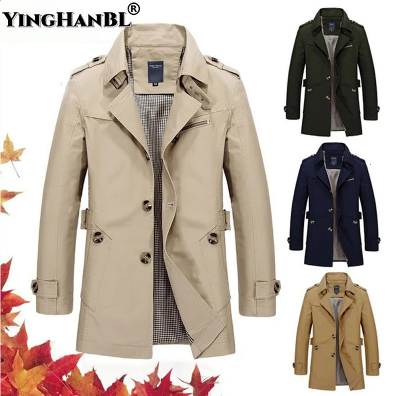 Mens business windproof long sleeved jacket pure cotton trench coat casual spring summer winter fashion set street clothing 240827