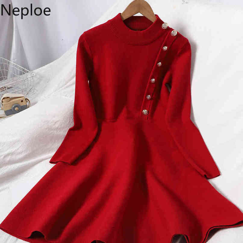 Neploe Knitted Elegant Woman Dress O-neck Single Breasted Vestidos Long Sleeve High Waist A-Line Slim Robe Dresses Women 4G943 210422