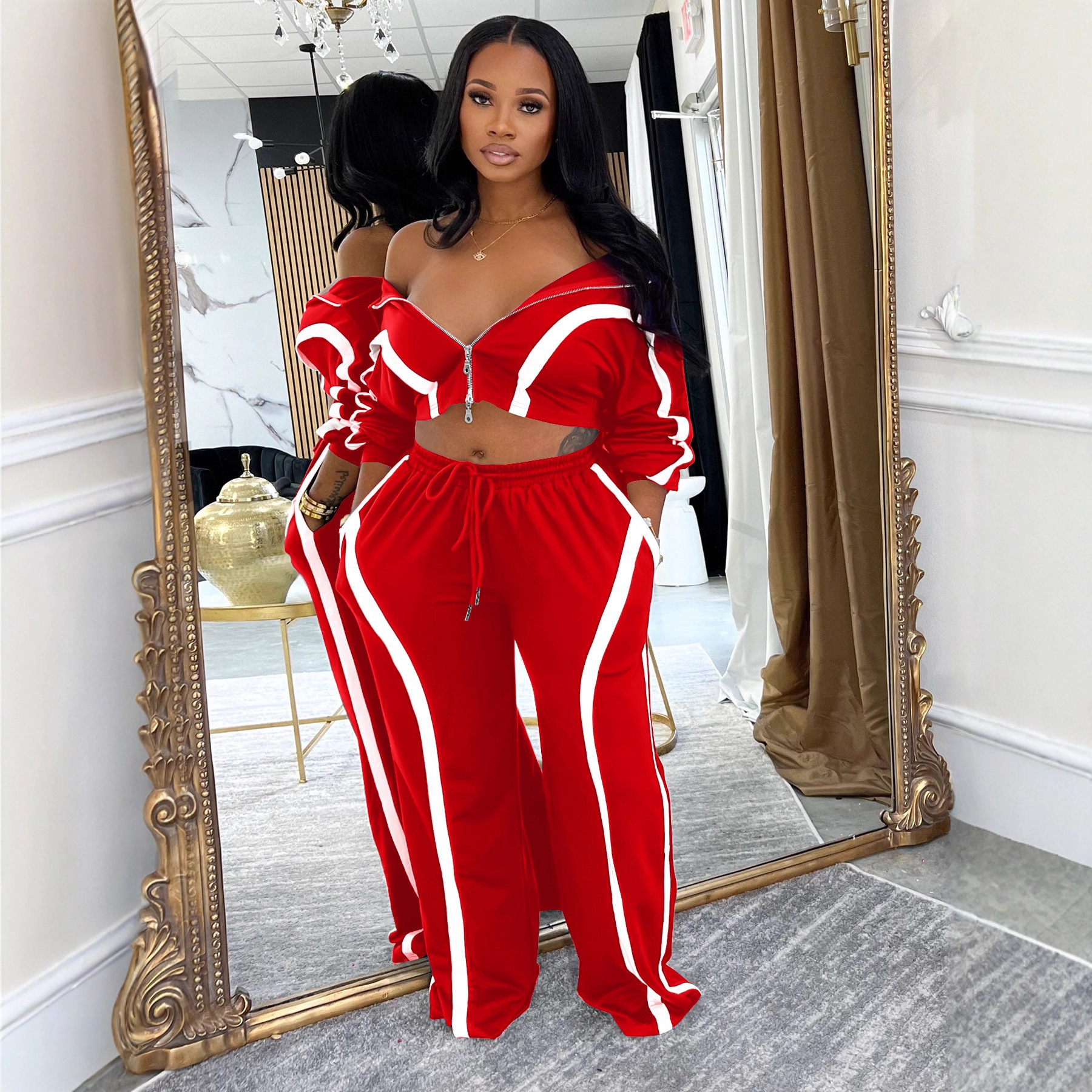 Y1361 New Women's Fashion Color Block Loose Straight Pants Sports Casual Two-Piece Set