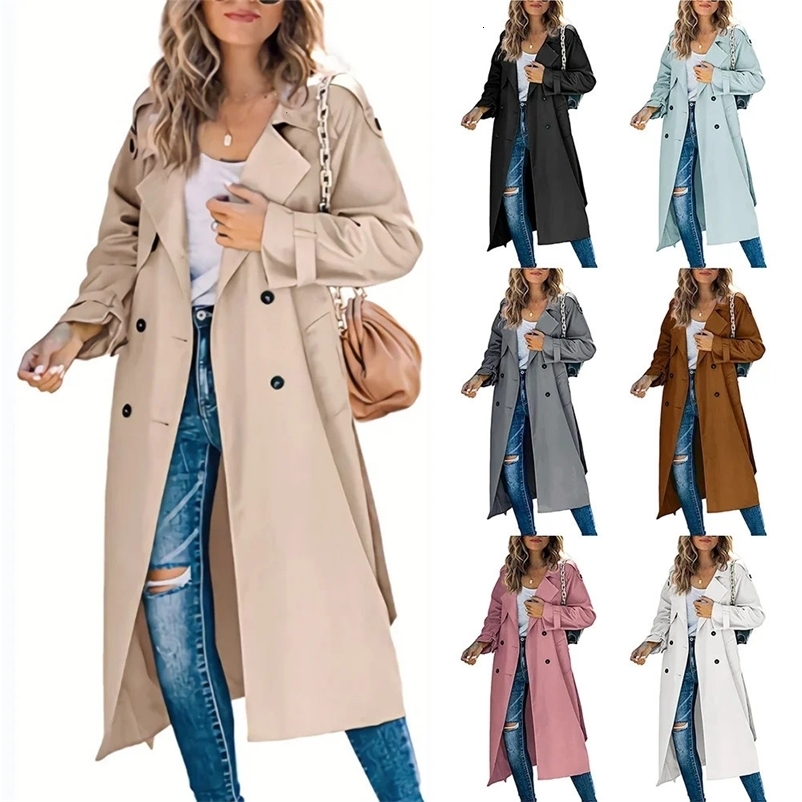 Womens Windbreaker Coat Fashion Long Pocket Lapel Button Windbreaker British Style Over The Knee Long Coat Office Wear 240703