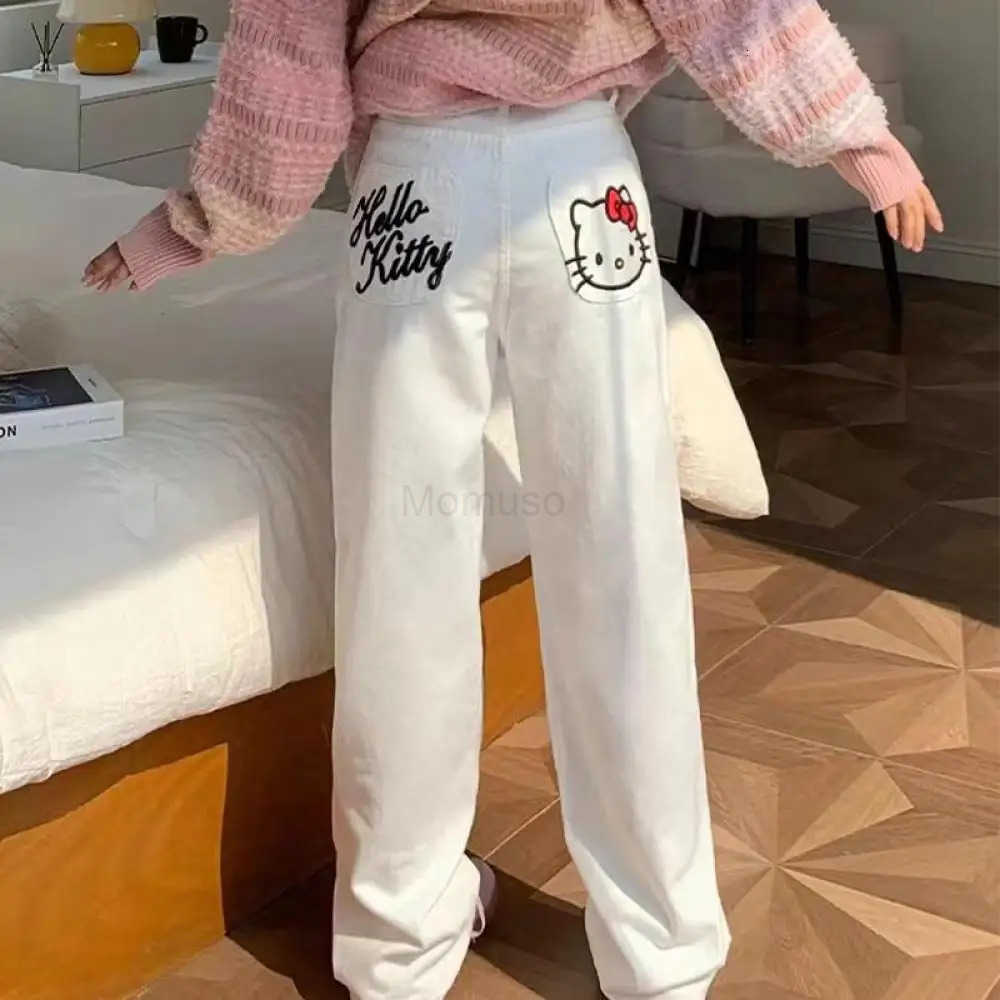 Sanrio Hello Kitty Y2K Jeans Sanrioed Anime Kawaii Spring High Waist Trousers Women Japanese Style Embroidery Look Thin Student Loose L250925