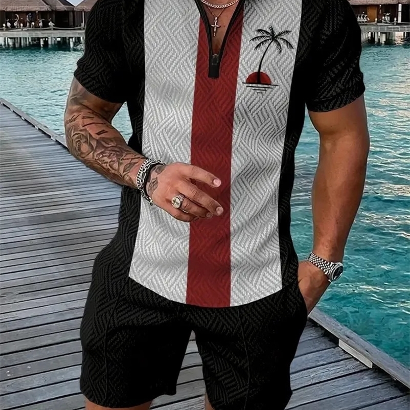 Hawaiian style mens printed polo shirt short sleeved set mens casual ultra-thin short sleeved set 240930