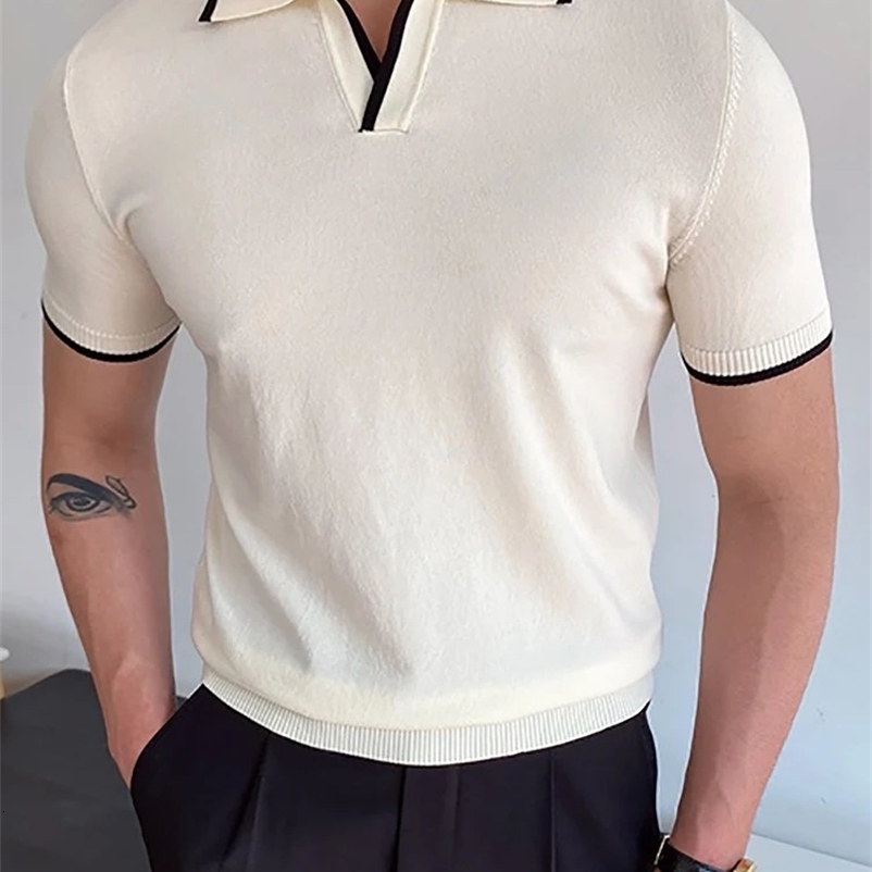 Summer Mens Fashion Polo Shirt Short Sleeve Collar Splicing Work Leisure Polo Mens Clothing Mens Top Zipper Street Clothing 241203