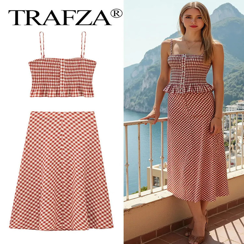 TRAFZA Plaid Skrits Set Womens Fashion Front Buckle Camis Top Elegant Midi Skirt Summer Womens Bohemian Vacation Set 250402