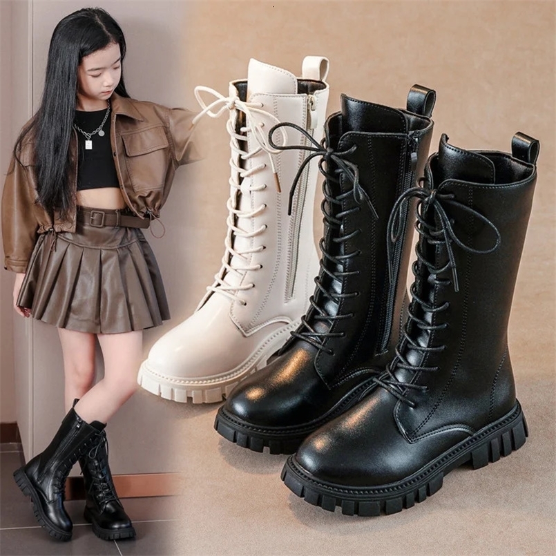 Autumn/Winter ZIP Fashion Cool Baby Girls Warm Square Heel Round Toe Casual Lace-Up Comfortable Kids Black Mid Boots 241106