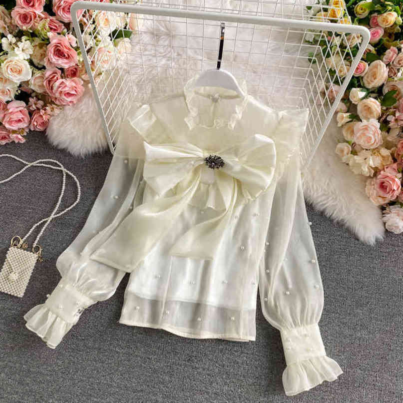 Nomikuma Chiffon Women Blouse Stand Neck Bow Bandage Ruffle Long Sleeve Shirt + Basic Sling Vest Spring New Blusas 6D897 210427