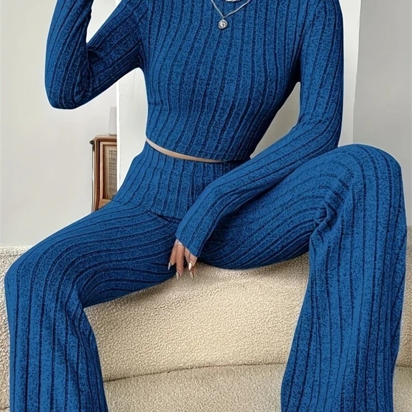 Elegant Womens Set Autumn High Waist Casual Knitted Pants Set Korean Fashion Turtle Neck Pulling Flower 2-piece Set Womens Set 241217