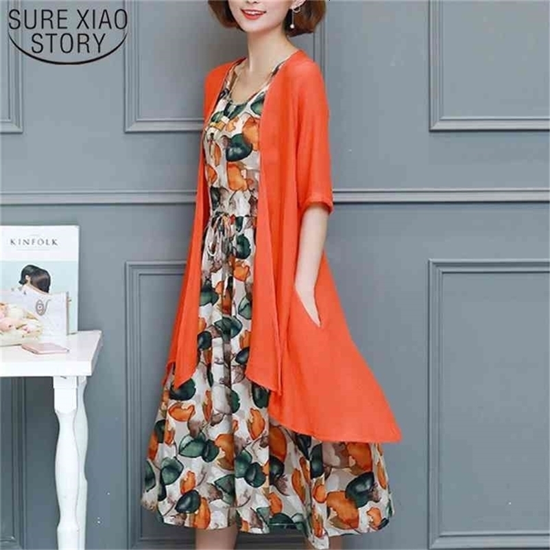 Plus Size Vestidos De Festa M-5XL Summer Dress Casual Loose Tow Piece Cotton Line Dress Print O-neck Women Dress 3698 50 210519