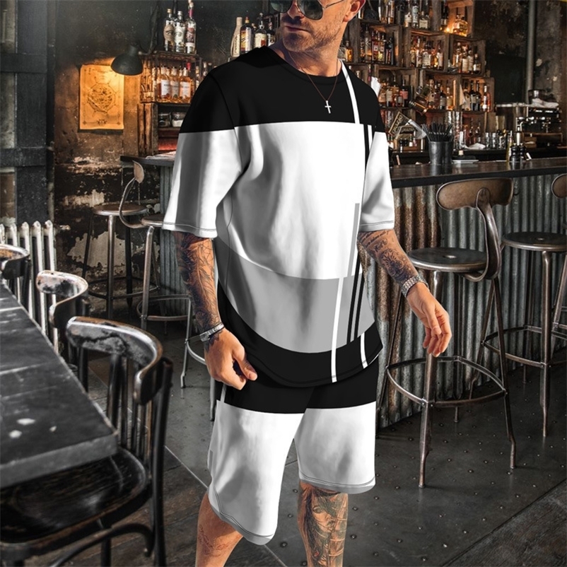 Men's Tracksuits Summer Men's T-shirt Set Stripe 3D Printing Simple Style Short Sleeve Clothing Daily Casual Jogging 2 Piece Oversized Set 2