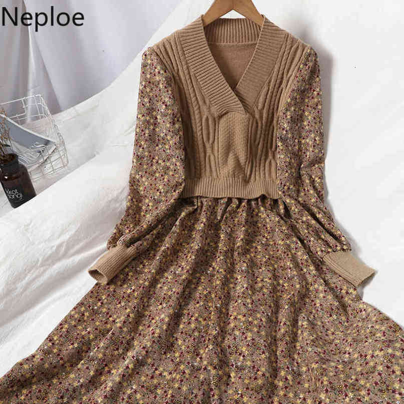 Neploe Patchwork Knitted Ribbed Dresses for Women Sweet Floral Corduroy Korean Vestidos V-neck Puff Sleeve Slim Robe Dress 4G411 210422