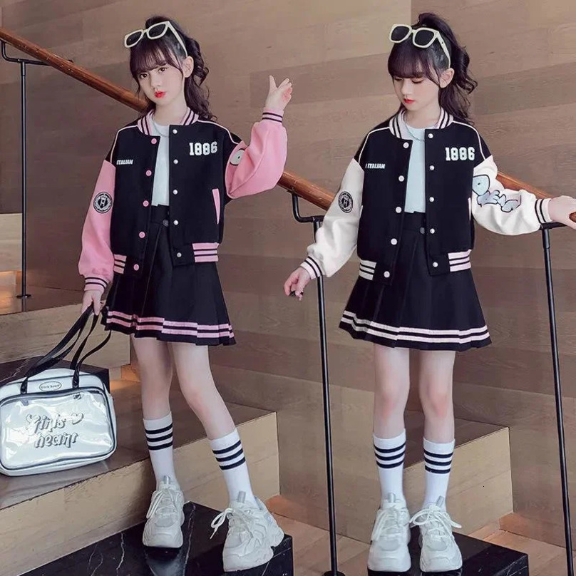 Girls Fashion Clothing Sets Spring Autumn Kids Baseball Sports Suit Children Jacket Pleated Skirt 2Pcs Student Uniform Outfits 250224