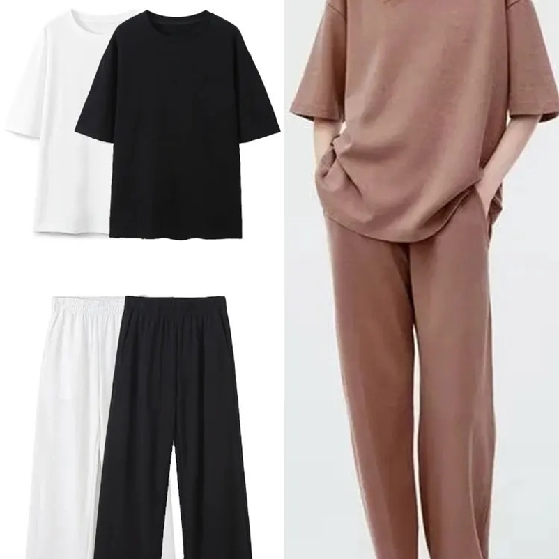 TRAFZA Womens Retro Solid Shirt Pants Set O-neck Short sleeved Shirt TopElastic Waist Loose Trouser Spring Set 241217