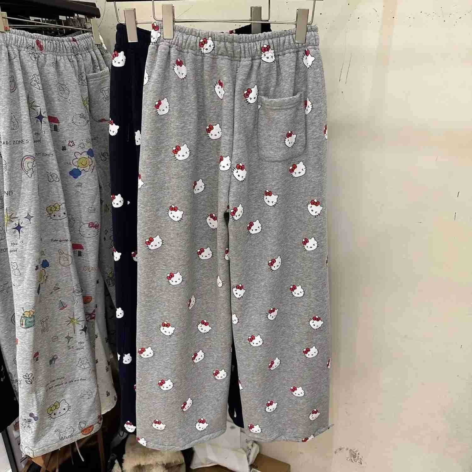 Sanrio cartoon Hello kitty winter cute and sweet girls fashionable and versatile new plus velvet casual straight wideleg pants L250925