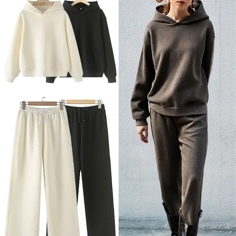 TRAFZA Trendy Solid Sweatshirt Set For Women Long Sleeves Causal Hooded SweatshirtDrawstring High Waist Straight Pants 241217