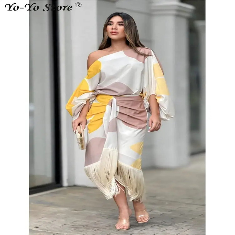 Printed Folded Lantern Sleeve Loose Fashion Tassel Dress for Women Two Piece Set SpringSummer Elegant Womens 240810