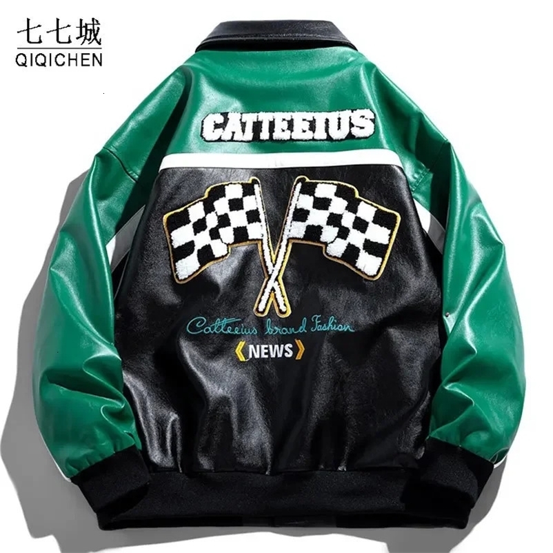Mens PU Leather Motorcycle Jacket Hip Hop Flocked Embroidery Windproof Bomber Jackets Fashion Oversize Coat Couple Streetwear 240716