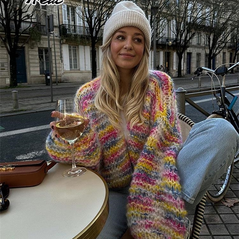 Women's Knits Tees Rainbow Stripe Printed Knitted Cardigan Sweater Women Cropped Crochet Lantern Sleeve Sweater Lady Streetwear Cardigans 230912