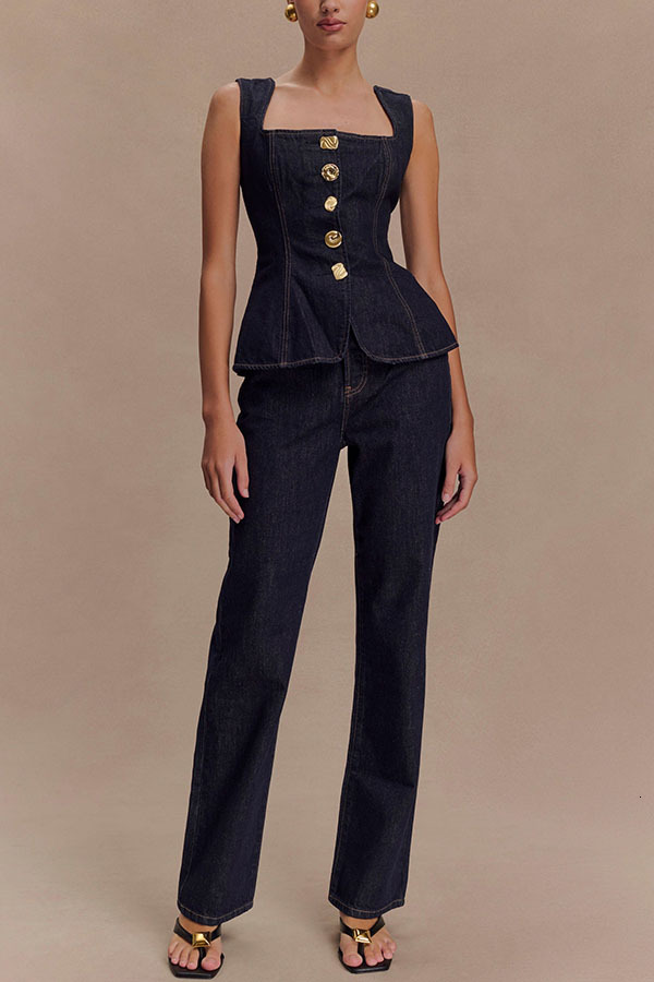 2025 Women's Fashion Modern Style Button High Waist Denim Top and Pants Set 30857