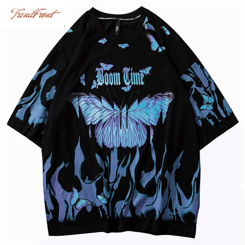 Mens Hip Hop T Shirts Blue Fire Flame Butterfly Streetwear Tshirt Harajuku Summer Short Sleeve T-Shirt Cotton Tops Tees 210715
