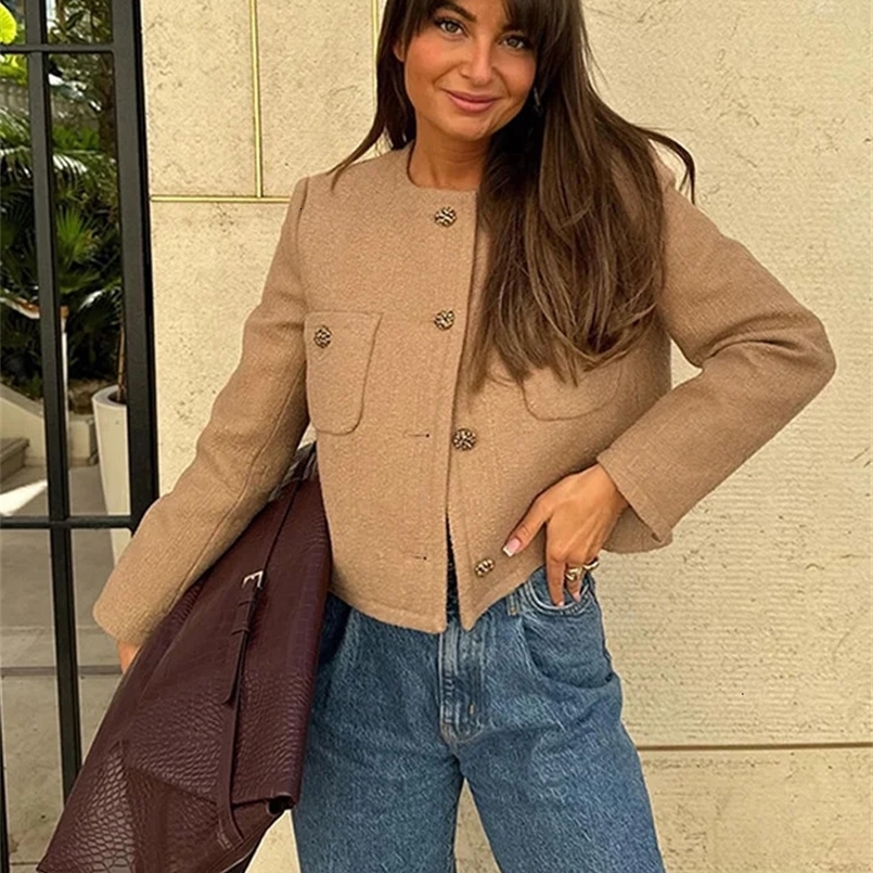 Elegant Womens Woolen Jacket O-neck Single Breasted Long Sleeve Pockets Short Coat Autumn Winter Office Lady Solid Outwear 241220