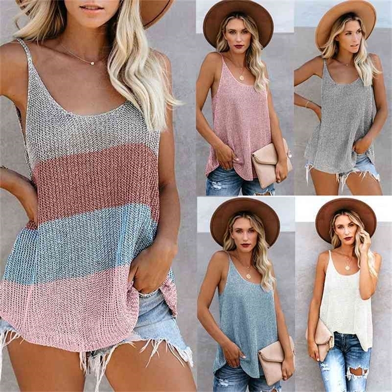 Fashion Crochet Color Block Loose Knitted Cami V-neck Tank Tops Sleeveless Sling Vest Women Beach Wear Swimsuit Cover Up Tunic 210625