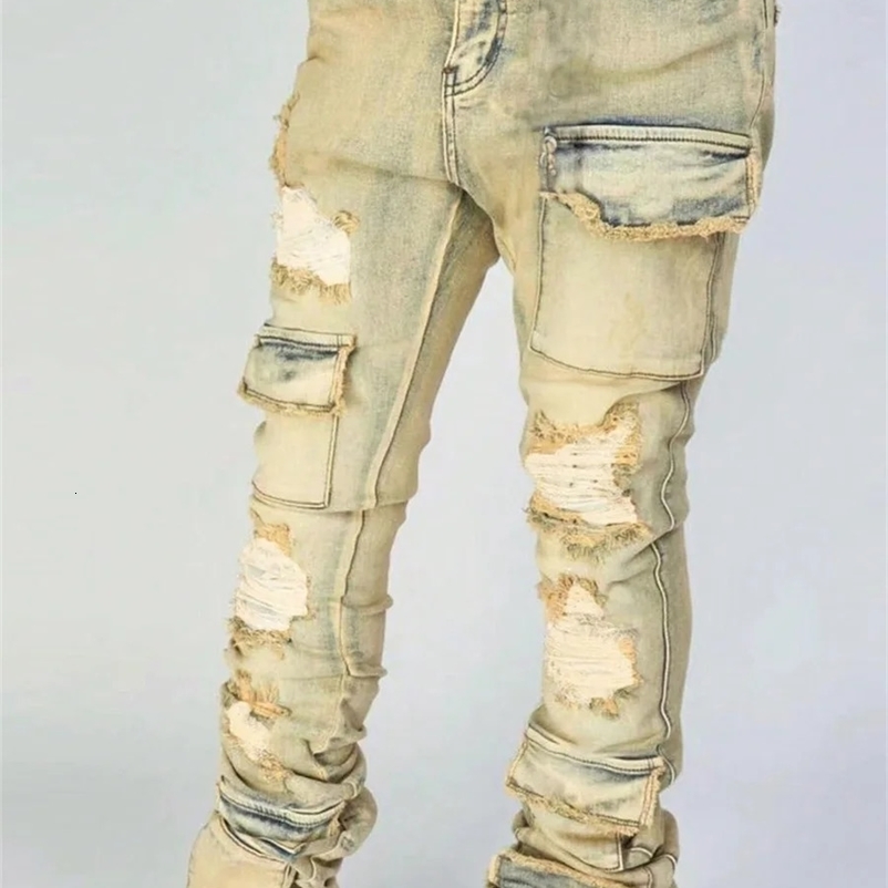 Mens Ripped Denim Pants Distressed Skinny Cargo Pants Casual Trousers with Pockets for Streetwear Autumn Spring Clothes Punk Y2K 250118