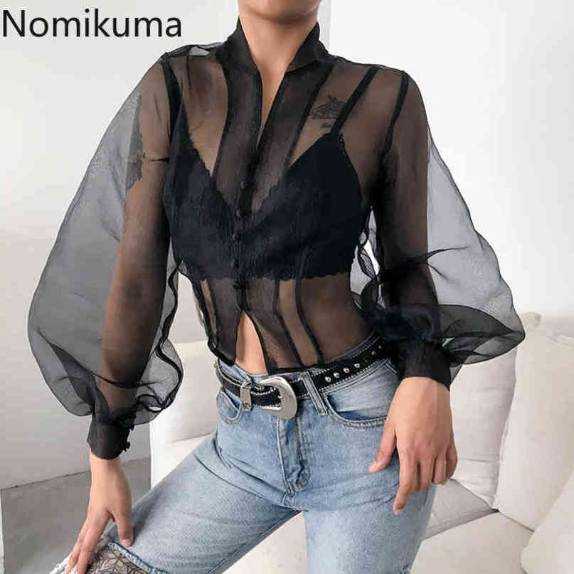 Nomikuma Sexy Perspective Mesh Women Blouse Puff Sleeve Stand Neck Shirt New See Through Chiffon Blusas Feminimos 6D949 210427