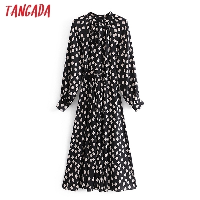 Tangada Spring Fashion Women Geometry Print Bow Tie Shirt Dress Long Sleeve Office Ladies Midi Dress With Slash 3A61 210630