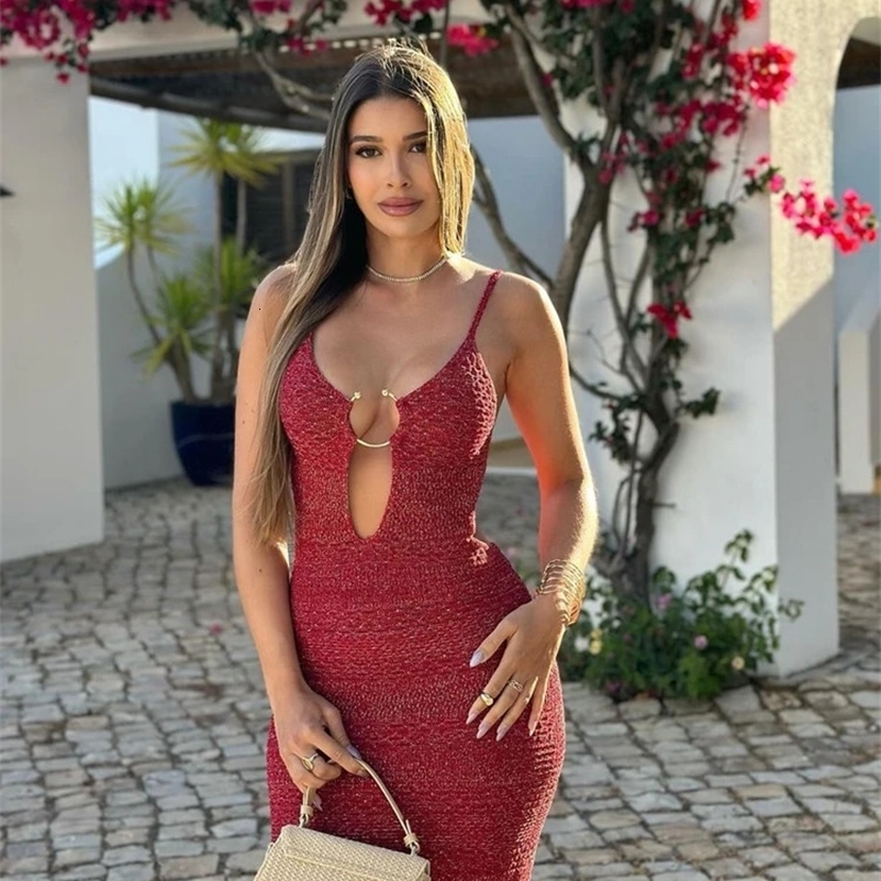 Taop Za womens summer style and sexy deep V-neck backless open buckle knitted suspender dress 2756/023 240703