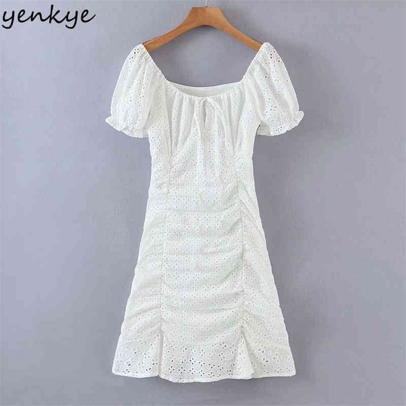 YENKYE Fashion Women White Draped Sexy Lace Dress Female Square Neck Short Sleeve Bodycon Mini Dress Summer Party Vestido 210515