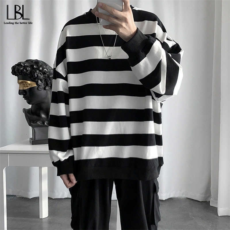 Lovers Sweatshirts Men Casual Loose Sweatshirts Oversized Spring Streetwear Striped Male Hiphop Winter Homme Clothing 210927